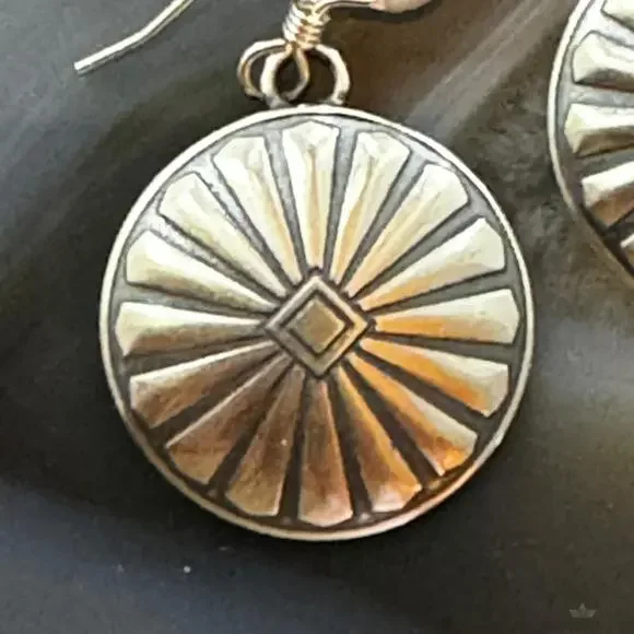 Native American Sterling Sunburst Round Concho Stamped Dangle Earrings For Women - Picture 6 of 10